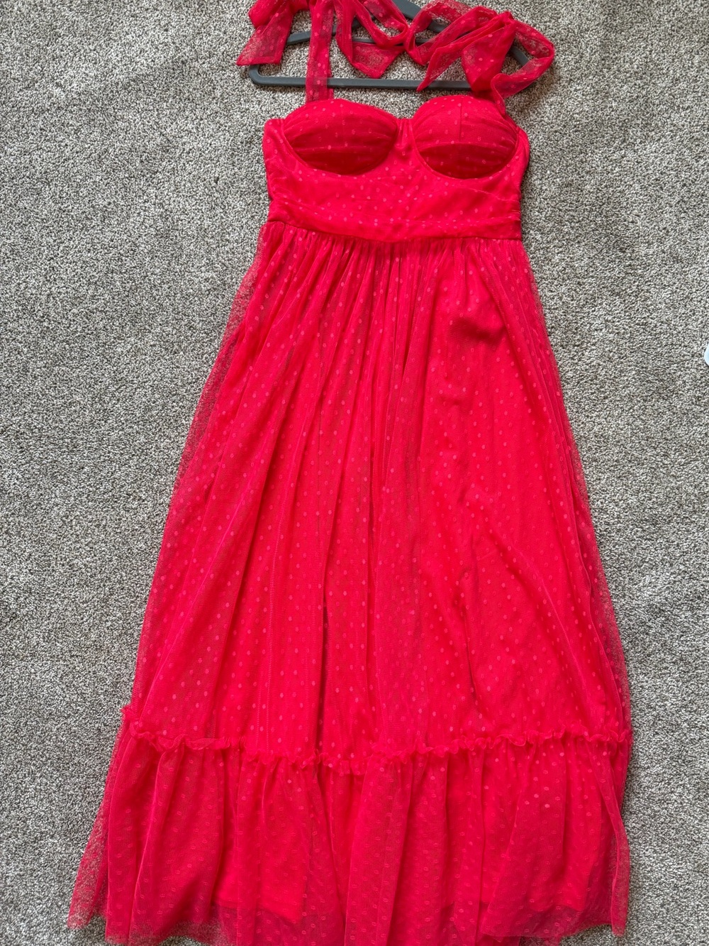 Red Polka Dot Mesh Maxi Dress - Adjustable Tie Straps
